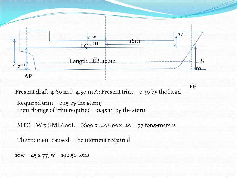 Present draft  4.80 m F, 4.50 m A; Present trim = 0.30 by